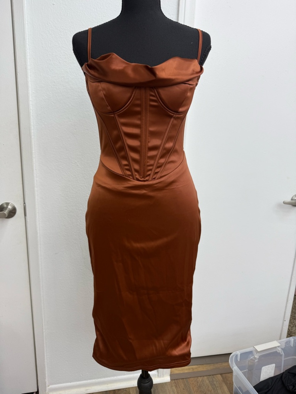 Satin Corset Slip Dress in Rust